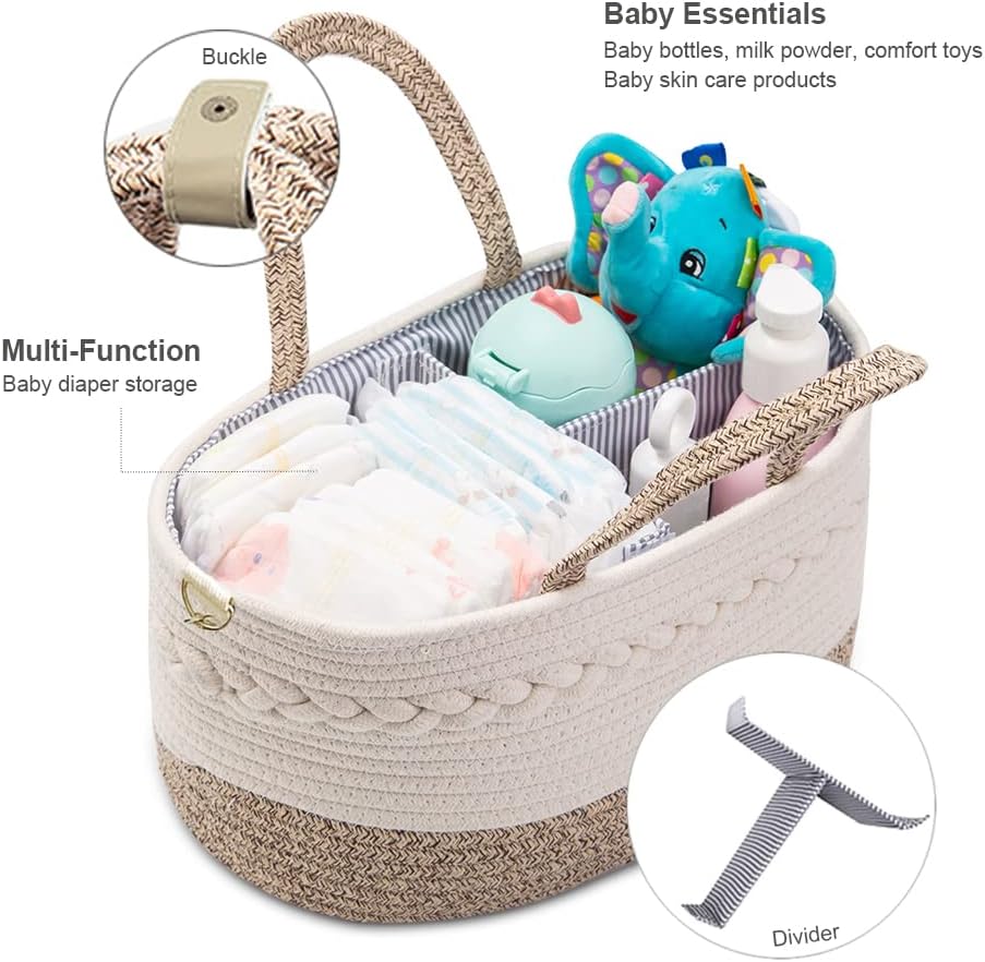 Baby Diaper Caddy Organizer, Portable Nursery Storage Basket with Changeable Compartments, 100% Cotton Woven Rope Baskets, Car & Changing Table Tote, Newborn Gift