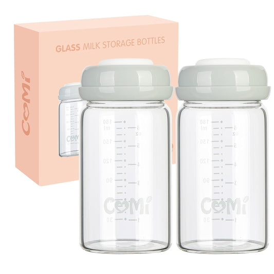 COMI Natural Glass Baby Bottle,Breastmilk Storage Bottle for Fridge,Wide Neck Breast Milk Container with Dome Cap,Fits Breast Pumps & Nipples,BPA Free,4PCS (6oz,4 Gray Lids)