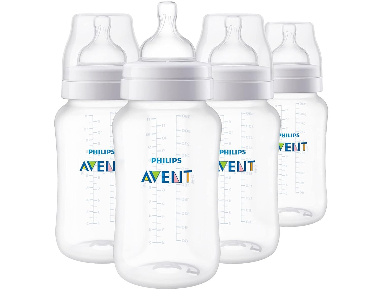 Philips Avent Anti-Colic Bottle with AirFree Vent, 4oz, with Flow 1 Nipples, 0m+, 4pk, Clear, SCY701/04