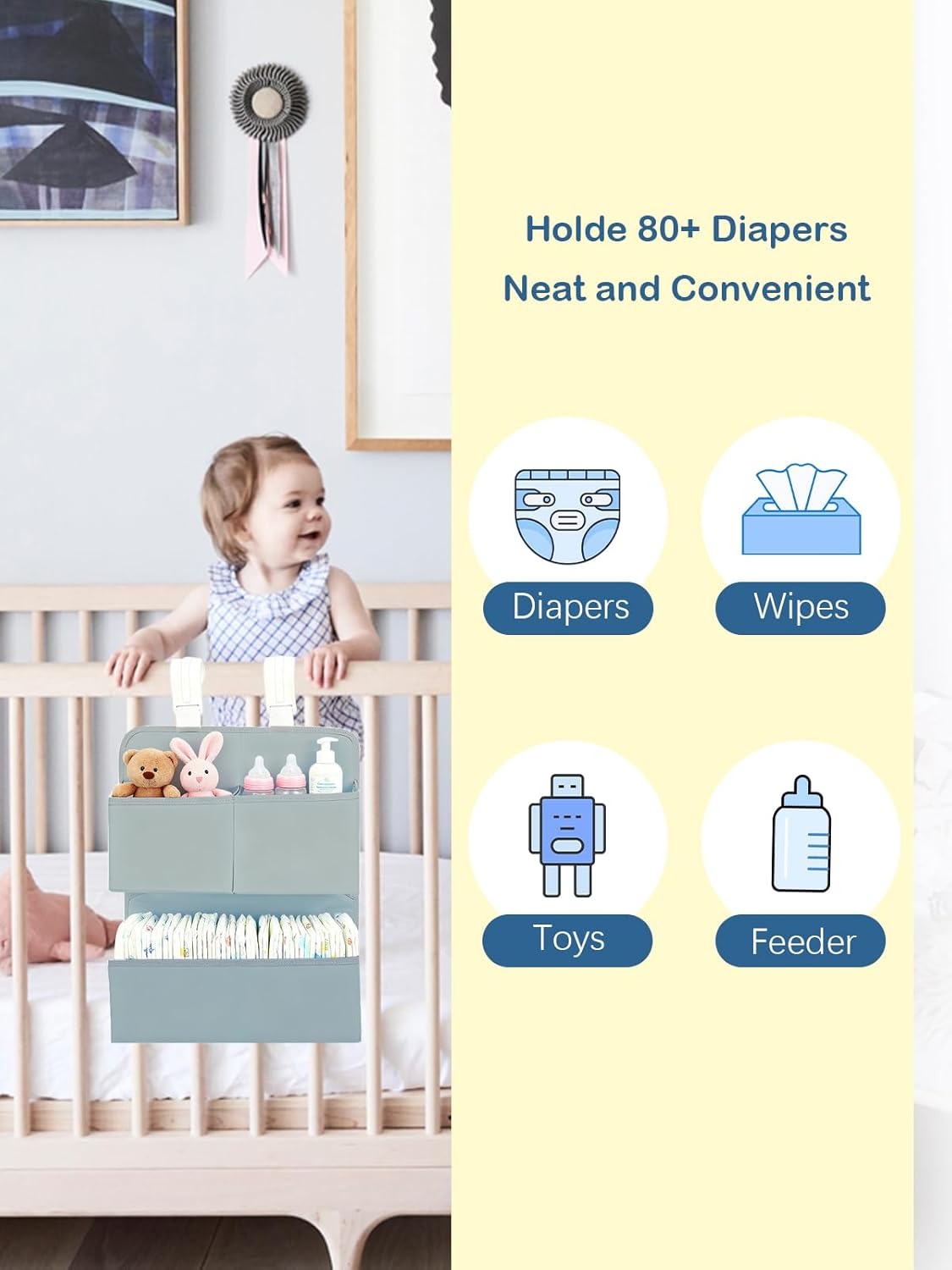 Hanging Diaper Organizer for Bassinet/Crib/Playpen/Playard – Hold 80+ Diapers - Changing Table Diaper Holder Attachment Accessories- Diaper Stacker Nursery Caddy Organizer (Gray)