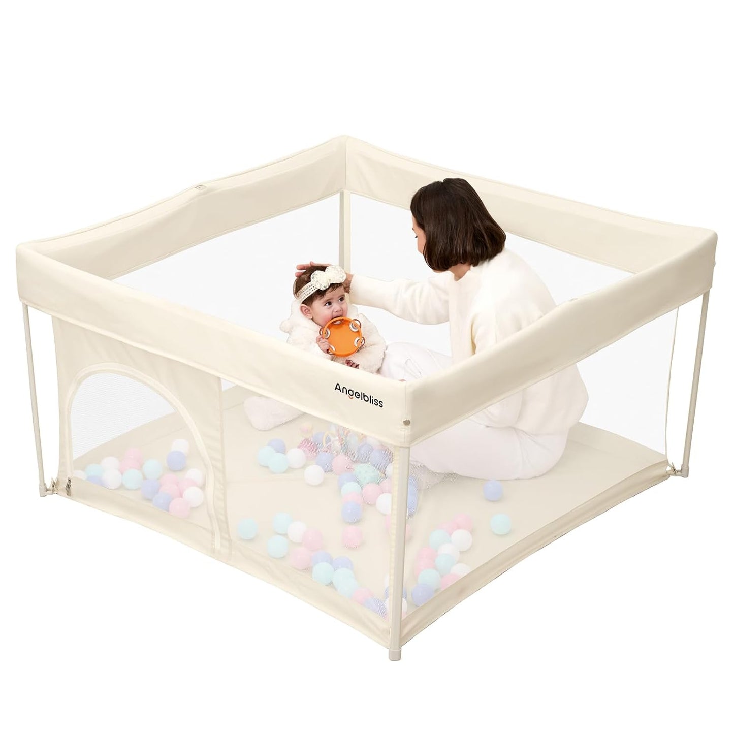 ANGELBLISS 50x50 Foldable Baby Playpen with Carrying Bag & Safety Lock - ASTM F406 Certified Baby Fence for Indoor/Outdoor, Lightweight Portable Play Yard with Breathable Mesh (Black)