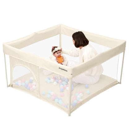 ANGELBLISS 50x50 Foldable Baby Playpen with Carrying Bag & Safety Lock - ASTM F406 Certified Baby Fence for Indoor/Outdoor, Lightweight Portable Play Yard with Breathable Mesh (Black)
