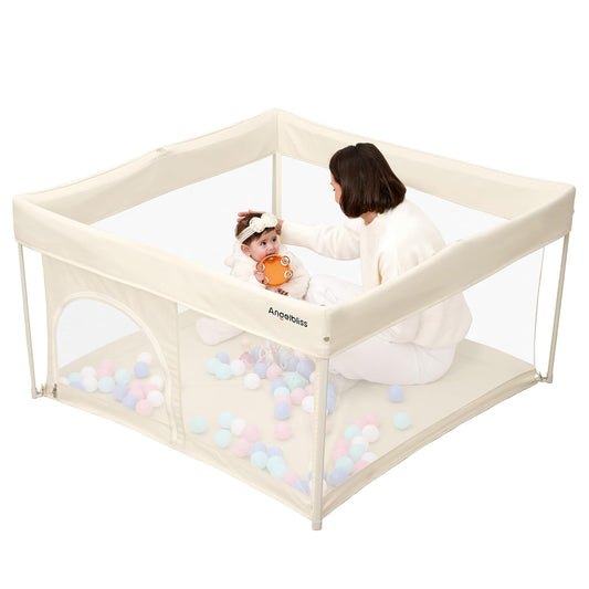 ANGELBLISS 50x50 Foldable Baby Playpen with Carrying Bag & Safety Lock - ASTM F406 Certified Baby Fence for Indoor/Outdoor, Lightweight Portable Play Yard with Breathable Mesh (Black)