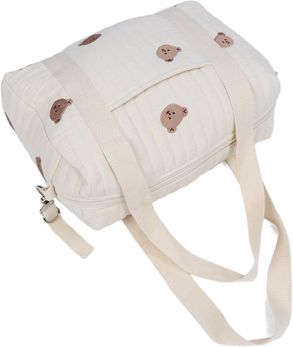 SUNGOOYUE Baby Stroller Storage Bag, Large Capacity Hanging Organizer with Zipper Pockets Cotton Stroller Bag for Mom Essentials Diapers Toys (Bear Bag)