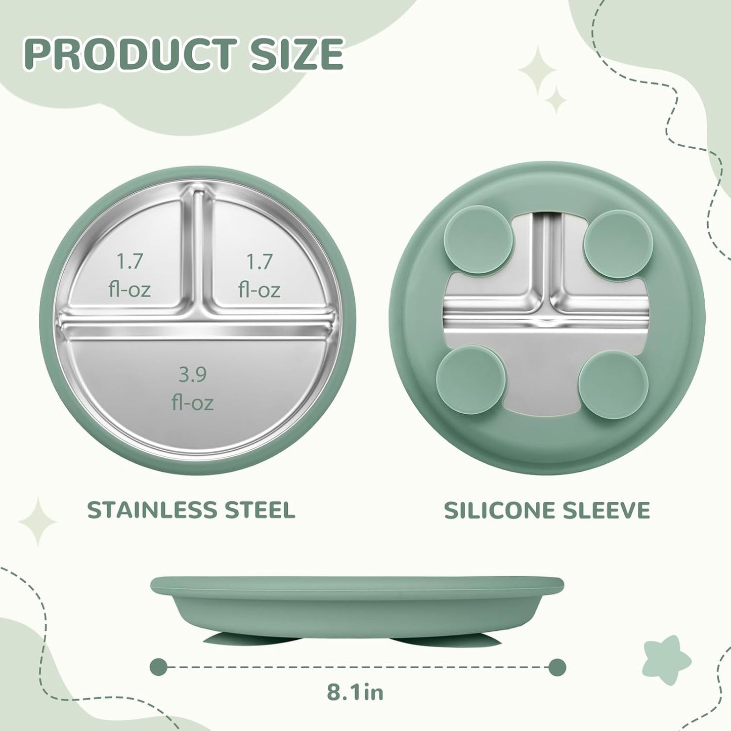 SPMKTQK 3Pack Sainless Steel Kids Plates with Suction, 8.1” Divided Toddler Baby Plates with Removable Silicone Sleeves BPA Free Non-Slip 2-in-1 Anti Breakage Metal Toddler Bowls