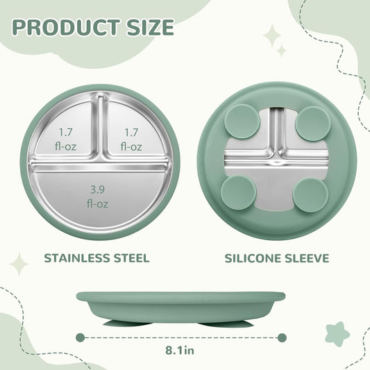 SPMKTQK 3Pack Sainless Steel Kids Plates with Suction, 8.1” Divided Toddler Baby Plates with Removable Silicone Sleeves BPA Free Non-Slip 2-in-1 Anti Breakage Metal Toddler Bowls