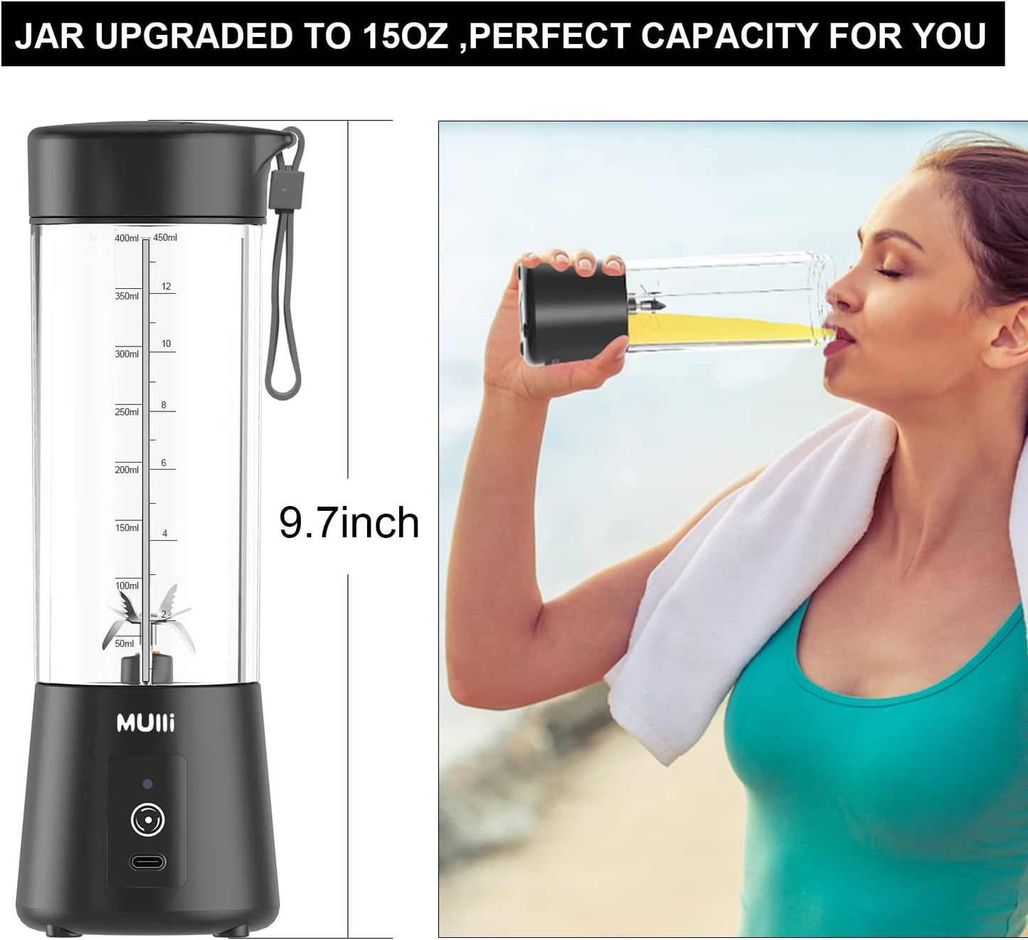 ‌Mulli Portable Blender 14oz-USB Rechargeable Smoothie Maker with 6 Stainless Steel Blades, Personal Mini Blender for Shakes, Baby Food, Travel, Gym & Kitchen, BPA-Free