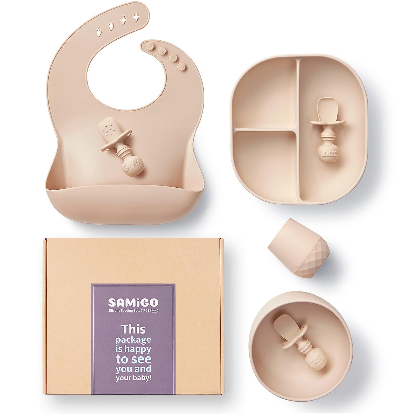 SAMiGO Silicone Baby Feeding Set, Baby Led Weaning Supplies, Suction Bowl Plate Bib Cup Self Feeding Spoons, Solid Food Eating Essentials, First Stage Utensils, 6+ Months