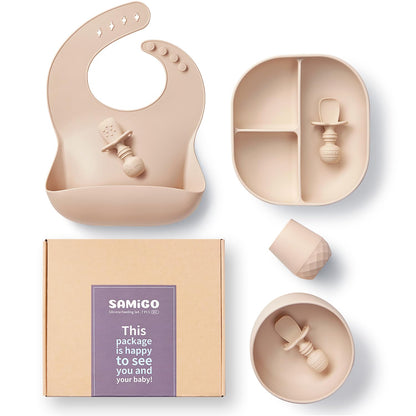 SAMiGO Silicone Baby Feeding Set, Baby Led Weaning Supplies, Suction Bowl Plate Bib Cup Self Feeding Spoons, Solid Food Eating Essentials, First Stage Utensils, 6+ Months