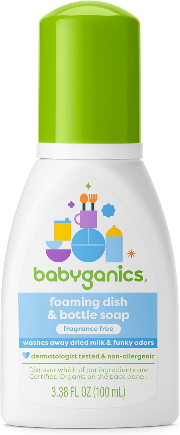 Babyganics Foaming Dish & Bottle Soap, Fragrance Free, Removes Dried Milk, 32 Fl Oz (Pack of 2), Packaging May Vary