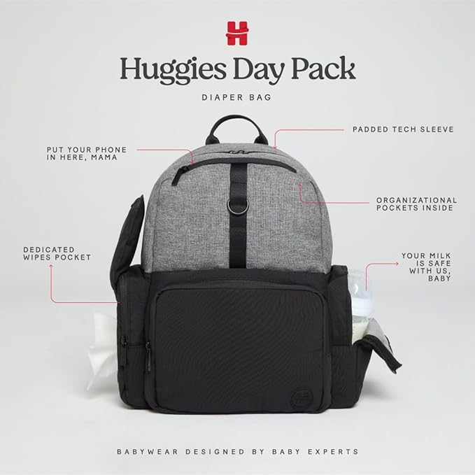 HUGGIES Unisex-adult Day Pack Diaper Backpack, Dark Grey Heather/Black, One Size