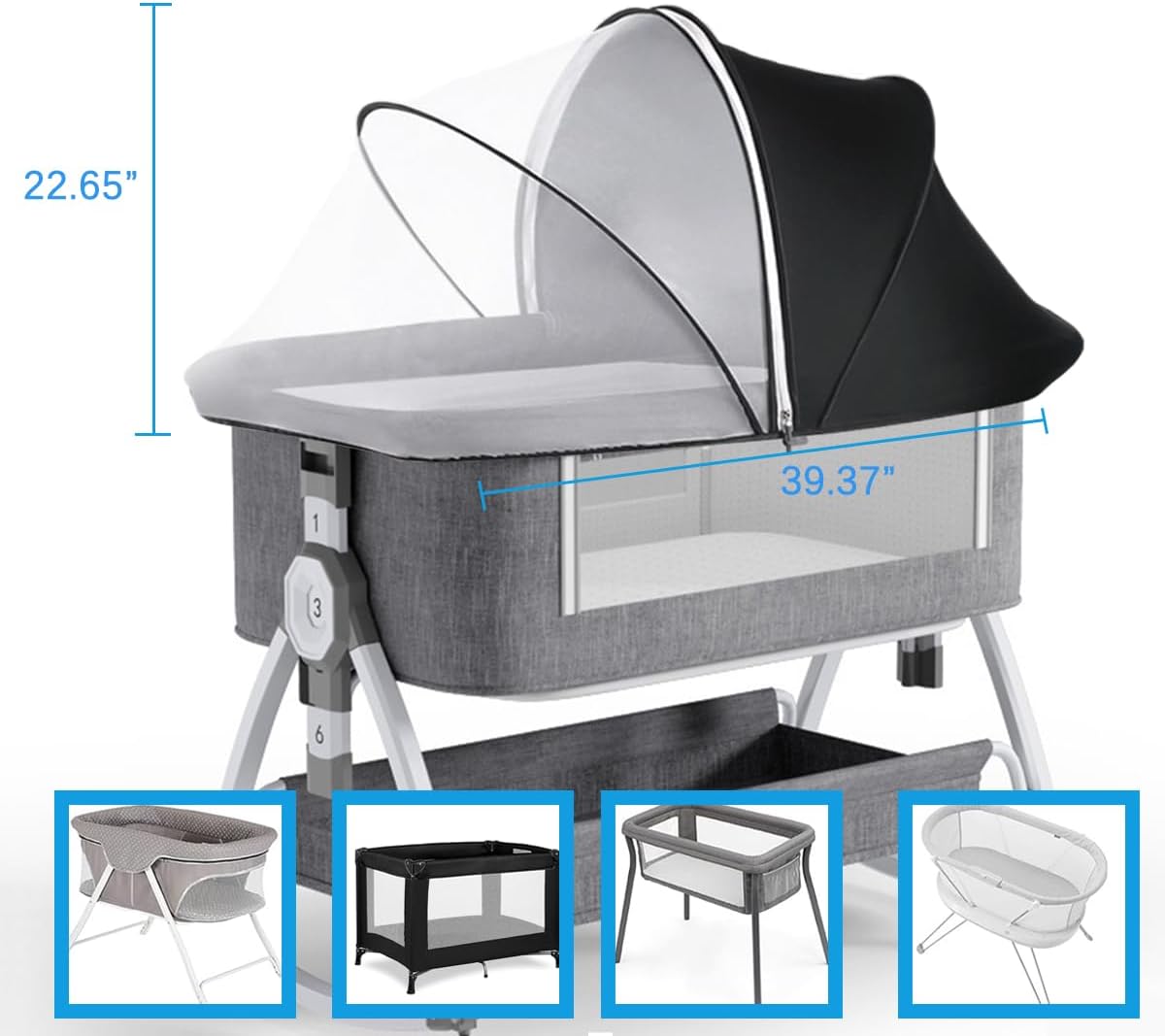 Akiky Portable Bassinet Bedside Sleeper Cover Semi-Sunshade Mosquito Net for Baby Infant Bed Sleeper Cover Mesh Net with Zip-up Window(Gray)