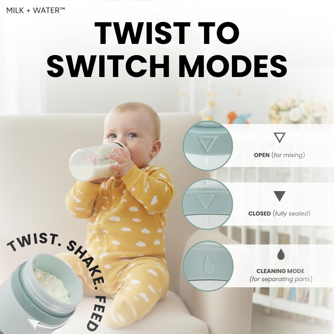 MILK & WATER Glass All in One Baby Bottle & Baby Formula Dispenser On The Go (Olive Green, 9oz Medium Flow 3m+)