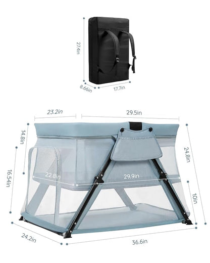 Lilian&Gema 2-in-1 Travel Crib, Portable & Foldable Crib with Backpack, Lightweight Baby Travel Playpen with Thick Mattress for Babies & Toddlers, Baby Travel Essential