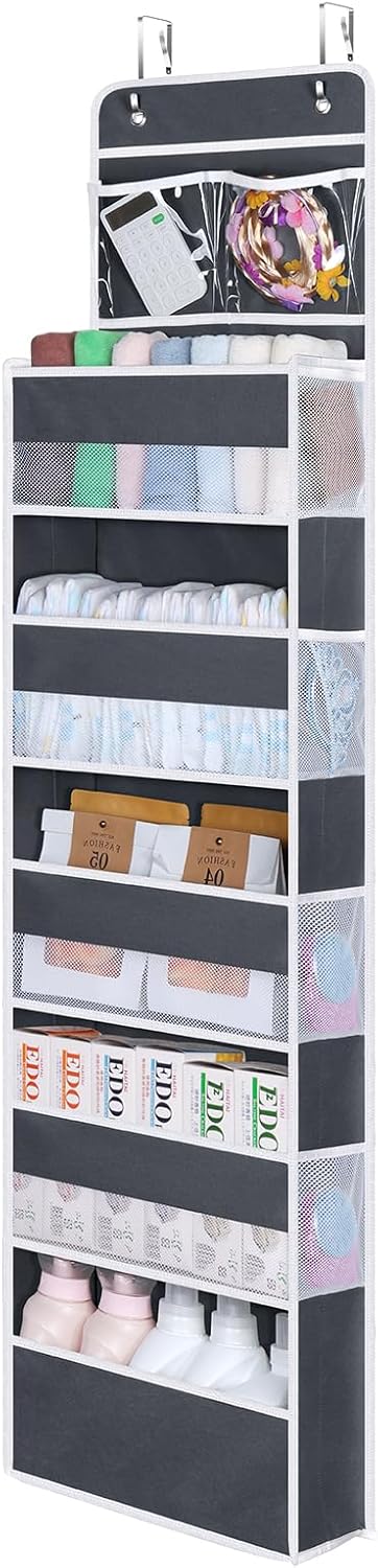 Univivi Over The Door Organizer, 5 Shelf Door Hanging Organizer Nursery Door Storage with 4 Large Compartments and 2 Small PVC Pockets 6 Side Pockets for Bathroom,Cosmetics and Nursery Baby Essential