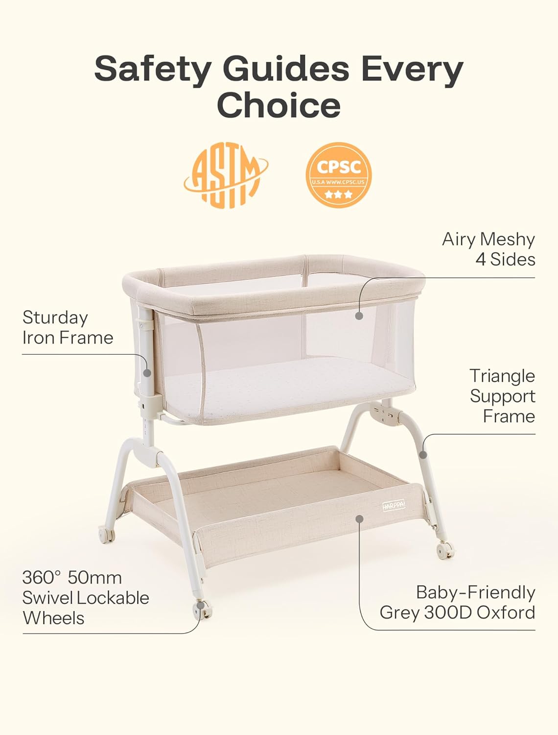 HARPPA Cuddly Lite Bassinet, 2 in 1 Baby Bassinet with Breathable Mesh and Mattress, 6 Height Adjustable, Bedside Sleeper with Anchor Strap, Storage Basket and Wheels, Light Grey
