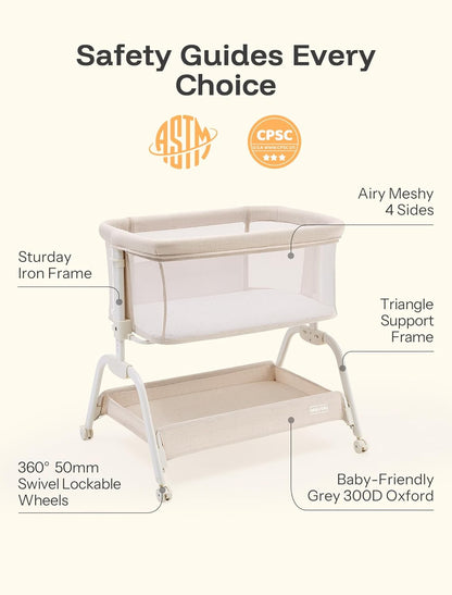 HARPPA Cuddly Lite Bassinet, 2 in 1 Baby Bassinet with Breathable Mesh and Mattress, 6 Height Adjustable, Bedside Sleeper with Anchor Strap, Storage Basket and Wheels, Light Grey