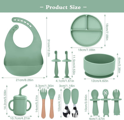 Silicone Feeding Set, 13PCS Baby Feeding Essentials with Suction Bowl & Plate, Spoons & Forks, Bib & Cup, Toothbrush, Baby Led Weaning Supplies for 6+ Months, Eating Essentials (Blue)