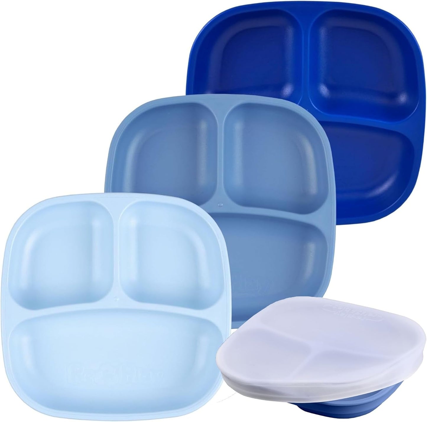 Re-Play Toddler Plates with Dividers - Deep-Walled 3 Compartments Divided Plates for Kids - Dishwasher & Microwave Safe - Made in USA - Set of 3-7.37" x 7.37" x 1.25" - Beach Baby