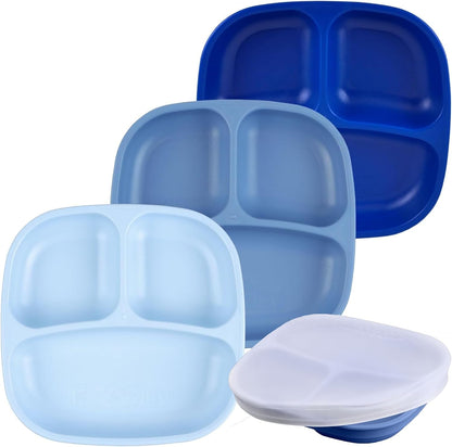 Re-Play Toddler Plates with Dividers - Deep-Walled 3 Compartments Divided Plates for Kids - Dishwasher & Microwave Safe - Made in USA - Set of 3-7.37" x 7.37" x 1.25" - Beach Baby