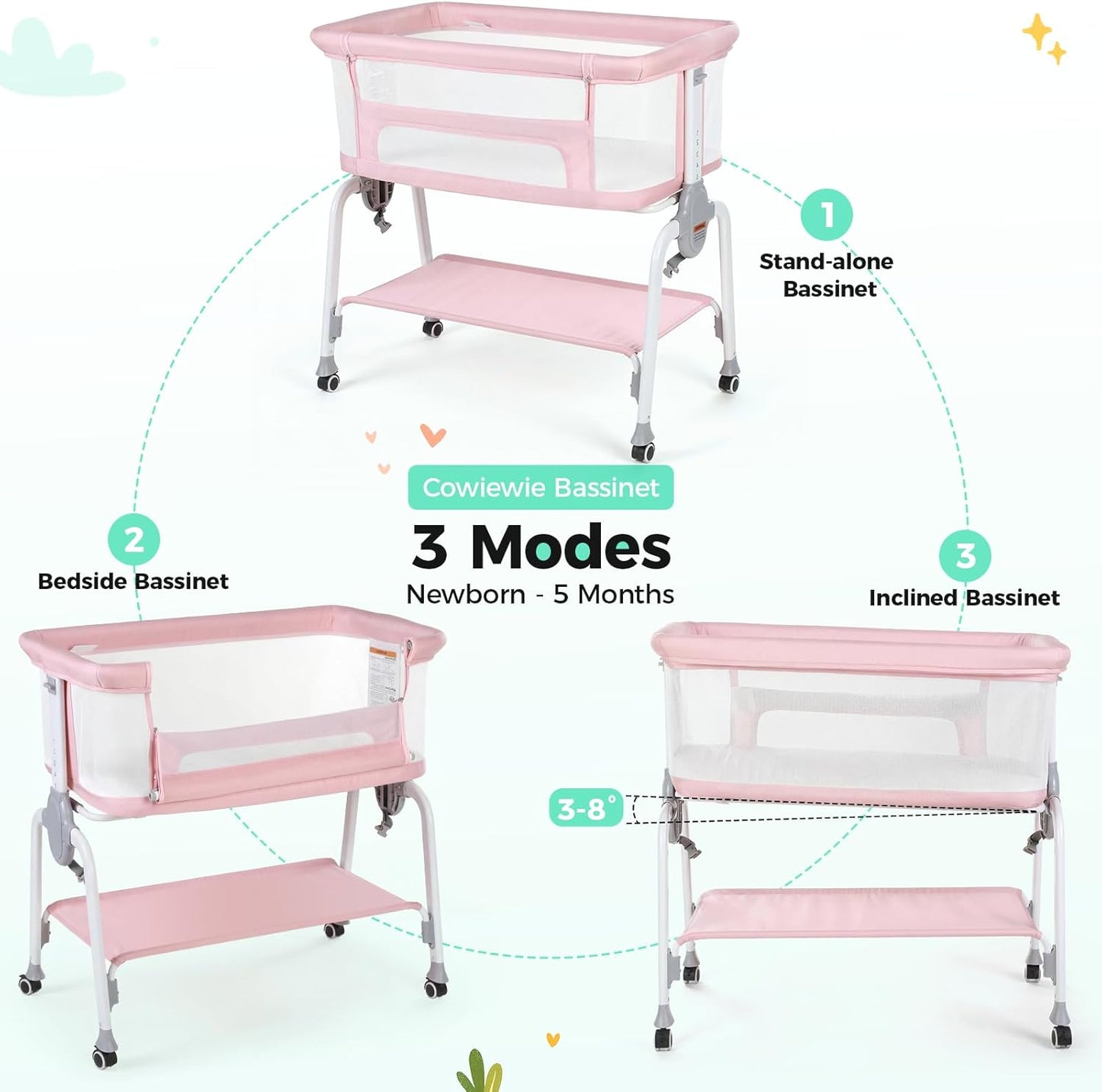 Cowiewie Bassinet Bedside Sleeper, Breathable Baby Bedside Bassinet and Mattress, Lightweight and Portable for Bedside Sleeping, Light Grey