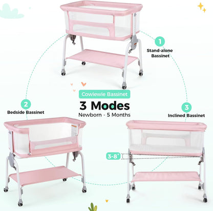 Cowiewie Bassinet Bedside Sleeper, Breathable Baby Bedside Bassinet and Mattress, Lightweight and Portable for Bedside Sleeping, Light Grey