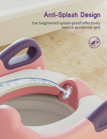 Potty Training Seat, Toddler Potty Training Toilet, Upgrade 2 In 1 Toddler Toilet Seat with Steps Stool Splash Guard and Anti-Slip Pad Soft Cushion, Potty Seats for Toddlers Baby Kids (Pink)