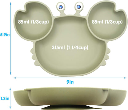 Silicone Suction Plate for Toddlers with Fork Spoon Set - Self Feeding Training Divided Plate Dish and Bowl for Baby and Toddler, Fits for Most Highchairs Trays (Green)