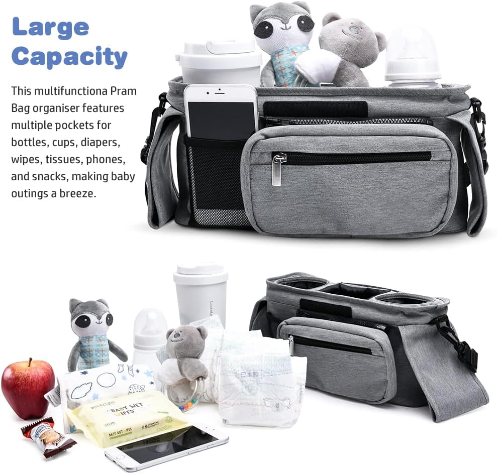 Baby Stroller Organizer, Universal Stroller Organizer with Detachable Phone Bag, Stroller Caddy with 2 Insulated Cup Holders, Buggy Organizer Bag with 2 Hooks Fits Most Strollers (Balck)