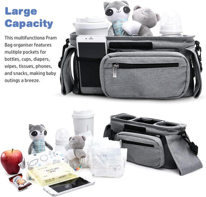 Baby Stroller Organizer, Universal Stroller Organizer with Detachable Phone Bag, Stroller Caddy with 2 Insulated Cup Holders, Buggy Organizer Bag with 2 Hooks Fits Most Strollers (Balck)