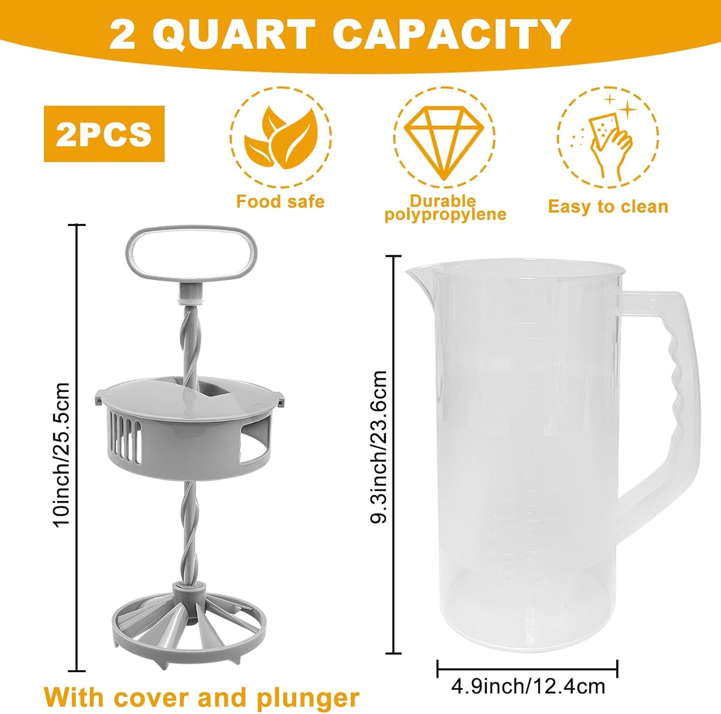 1 Pack Mixing Pitcher for Drinks 2 Quart/ 64oz Plastic Water Pitcher with Lid，Easy-Mix Juice Container，Angled Plastic Blades and Adjustable Mixer Plunger for Juice, Tea, Beverage Container