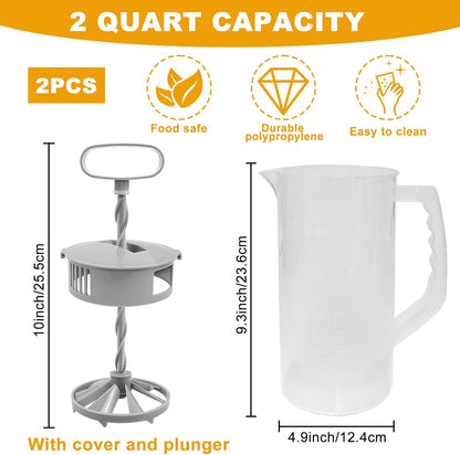 1 Pack Mixing Pitcher for Drinks 2 Quart/ 64oz Plastic Water Pitcher with Lid，Easy-Mix Juice Container，Angled Plastic Blades and Adjustable Mixer Plunger for Juice, Tea, Beverage Container