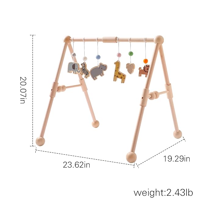 Wooden Baby Gym with 6 Gym Toys, Detachable Wooden Play Gym Frame Activity Gym Hanging Bar Baby Toys for Activity Gym, Ages Newborn + (Zoo Themes)