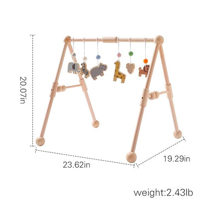 Wooden Baby Gym with 6 Gym Toys, Detachable Wooden Play Gym Frame Activity Gym Hanging Bar Baby Toys for Activity Gym, Ages Newborn + (Zoo Themes)