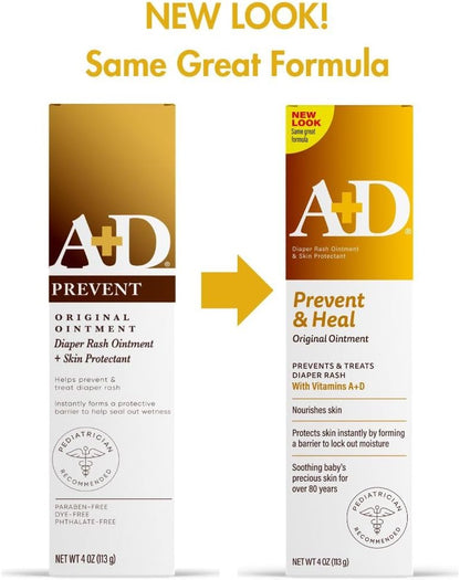 A+D Original Diaper Rash Ointment Prevents & Treats Diaper Rash, Moisturizing Skin Protectant with Vitamins A & D, Healing Skin Ointment for Dry and Cracked Skin 4oz
