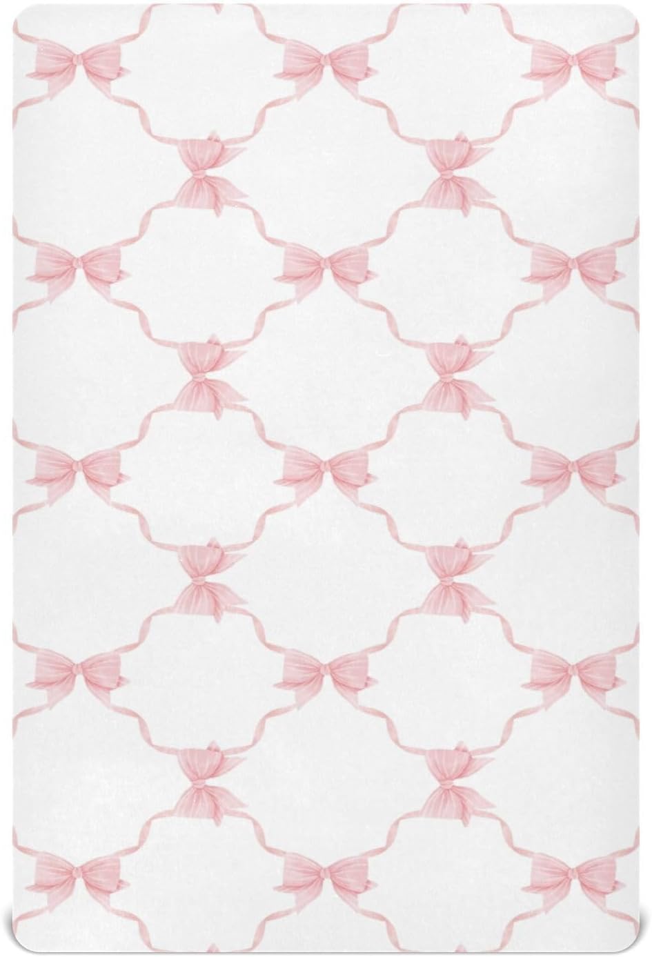 Fitted Crib Sheets Pink Checkered and Bows Stretchy Portable Playard Sheets for Baby Toddler, Breathable Soft Mini Crib Mattress 39 x 27 in for Boys and Girls