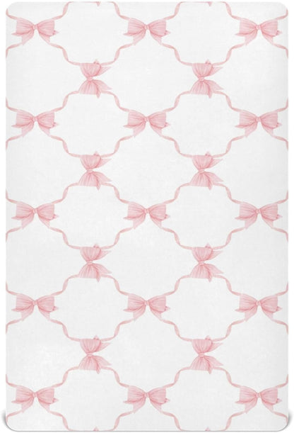 Fitted Crib Sheets Pink Checkered and Bows Stretchy Portable Playard Sheets for Baby Toddler, Breathable Soft Mini Crib Mattress 39 x 27 in for Boys and Girls