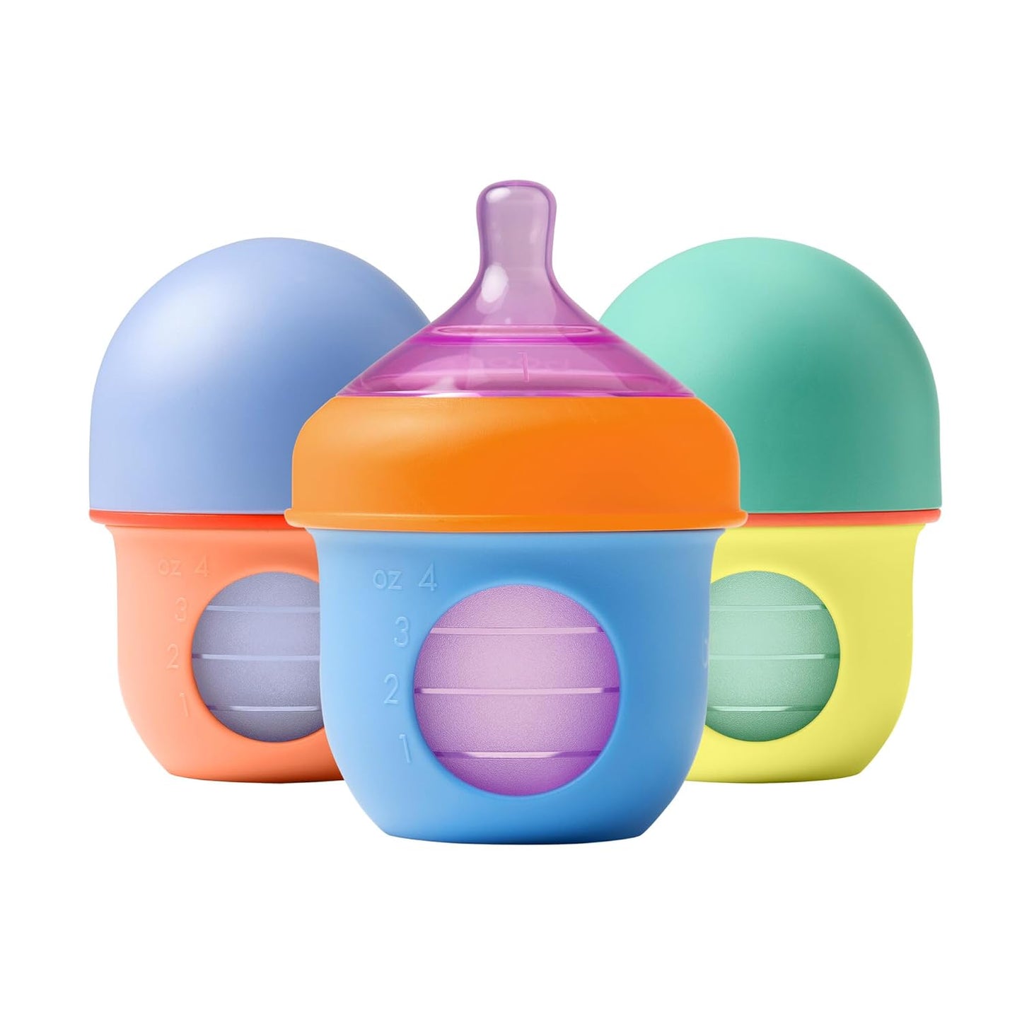 Boon Nursh Reusable Silicone Pouch Baby Bottles - Slow Flow Nipple - Silicone Baby Bottle Pouch and Nipple - Baby Feeding Essentials - Speckle - 0-3 Months - 3 Count - 4 Ounce