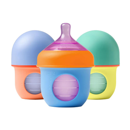 Boon Nursh Reusable Silicone Pouch Baby Bottles - Slow Flow Nipple - Silicone Baby Bottle Pouch and Nipple - Baby Feeding Essentials - Speckle - 0-3 Months - 3 Count - 4 Ounce
