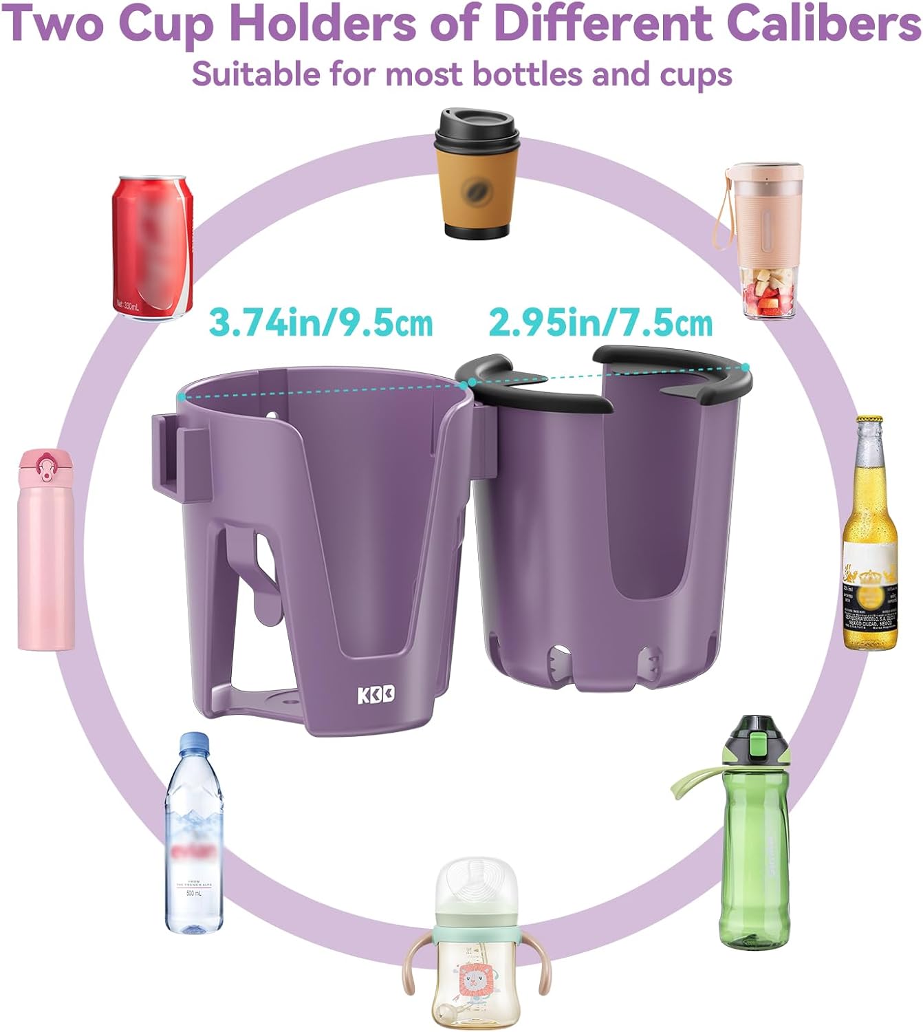 KDD Stroller Cup Holder with Phone Holder, 3-in-1 Removable Bottle Holder, 360 Degrees Rotation Drink Holder for Wheelchair, Stroller, Bike, Walker, Scooter, Bicycle, Uppababy, Bugaboo, Britax