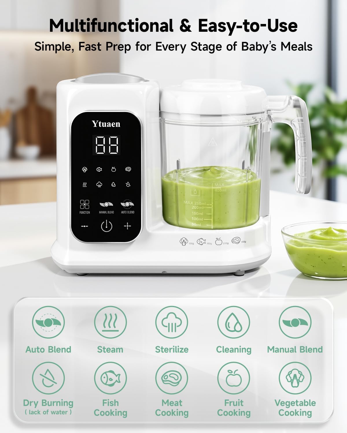 Baby Food Maker, One Step Baby Food Processor Steamer with Steam Basket Puree Blender Grinder Safty Lock, Auto Cooking Grinding Self-Cleaning & Sterili-zing for Healthy Homemade Baby Food, BPA-Free