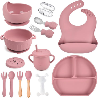 Silicone Baby Feeding Set 15 Pcs，Baby Spoons Suction Bowl Divided Plate Bib Cup Finger Brush Training cups,Baby Led Weaning Supplies,Baby Plates，Toddler Feeding Plates and Bowls Set（purple）