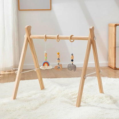 Wooden Baby Play Gym with Hanging Bar, 4 Gym Toys and Natural Pine Wood, Perfect for Infant Development