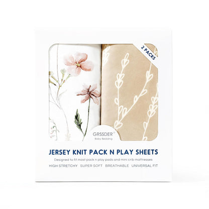 GRSSDER Stretch Ultra Soft Jersey Knit Fitted Pack n Play Playard Sheets Set 2 Pack，Fits Portable/Mini Cribs Sheets, Playards Mattress Pads, Stylish Watercolor Animals for Baby, Mint Green