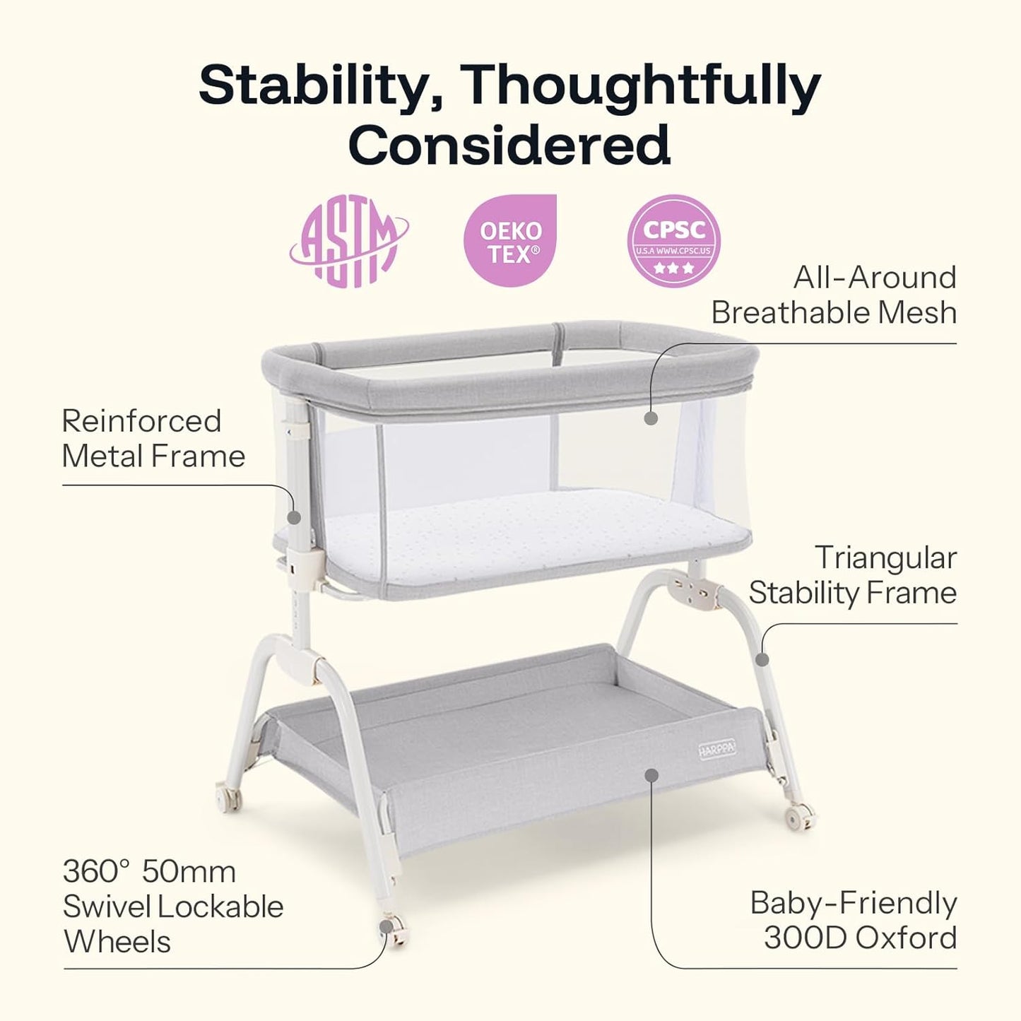 HARPPA Cuddly Lite Bassinet, 2 in 1 Baby Bassinet with Breathable Mesh and Mattress, 6 Height Adjustable, Bedside Sleeper with Anchor Strap, Storage Basket and Wheels, Light Grey
