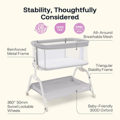 HARPPA Cuddly Lite Bassinet, 2 in 1 Baby Bassinet with Breathable Mesh and Mattress, 6 Height Adjustable, Bedside Sleeper with Anchor Strap, Storage Basket and Wheels, Light Grey