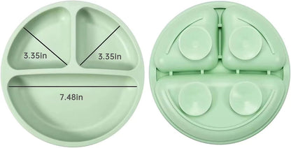 PandaEar Silicone Baby Feeding Set| 2 Pack Silicone Divided Suction Plate and 2 Pack Tiny Cup with 2 Spoons 2 Forks| Baby Led Weaning Supplies Self Feeding Eating Utensils (Light Blue/Light Green)