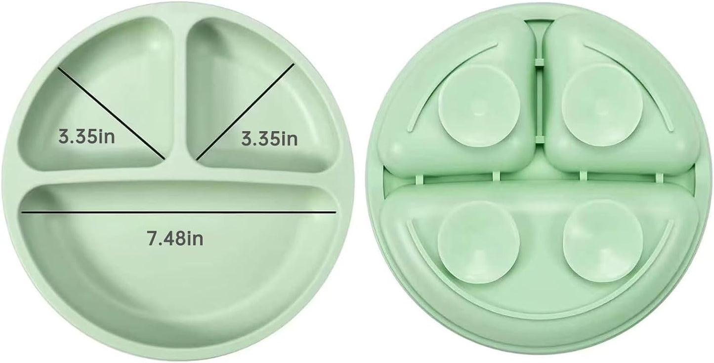 PandaEar Silicone Baby Feeding Set| 2 Pack Silicone Divided Suction Plate and 2 Pack Tiny Cup with 2 Spoons 2 Forks| Baby Led Weaning Supplies Self Feeding Eating Utensils (Light Tan/Walnut)