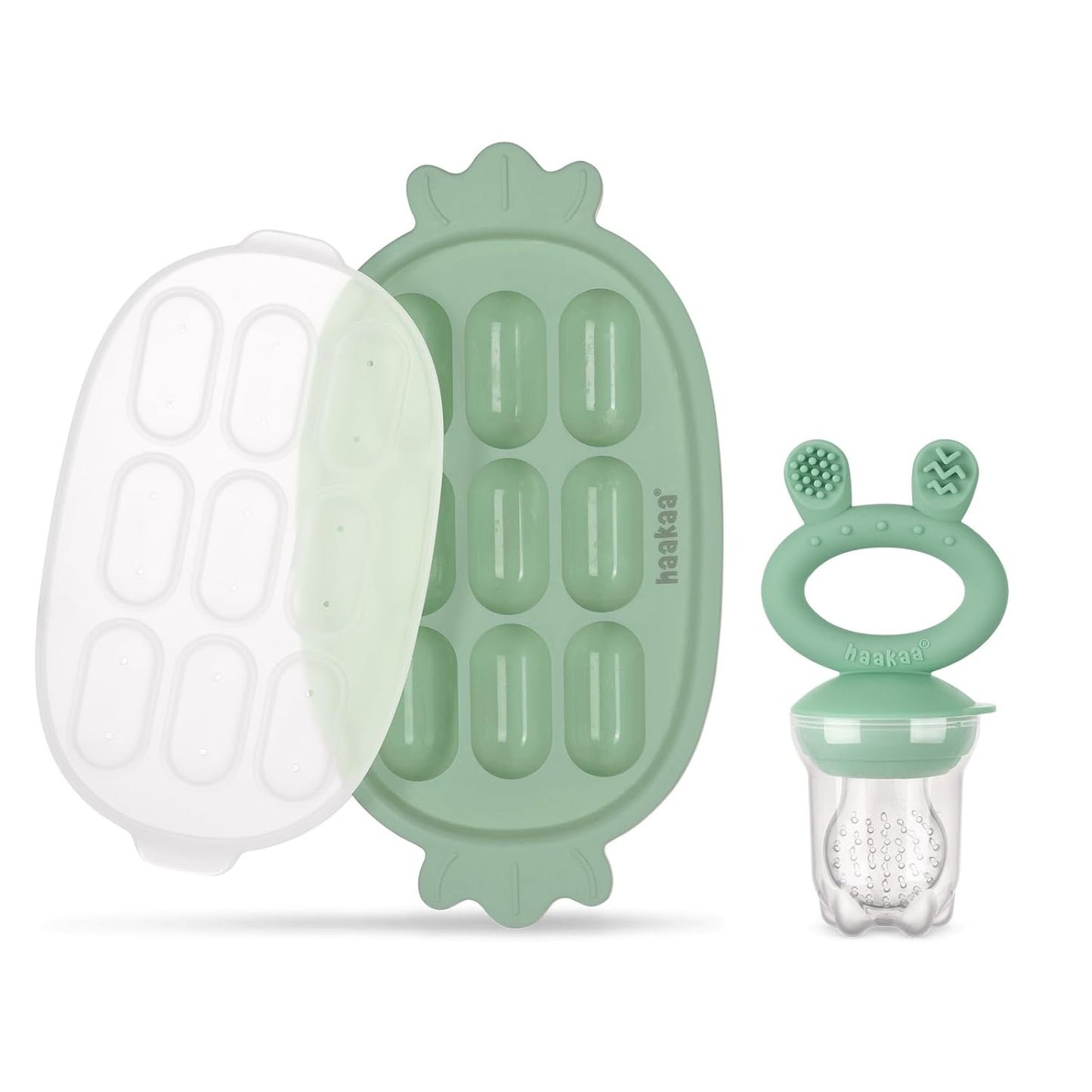 Haakaa Baby Fruit Food Feeder & Silicone Freezer Nibble Tray Combo - Breastmilk Popsicle Mold for Baby Cooling Relief, BPA Free Baby Mesh Food Feeder for Infant Self Feeding