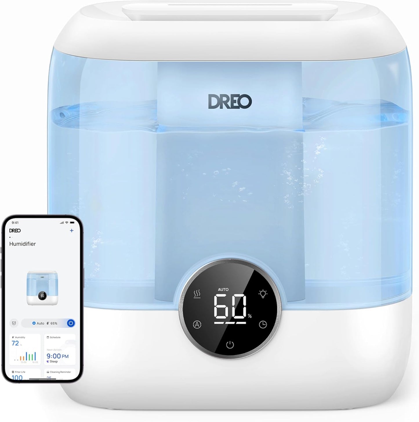 DREO Smart Humidifiers for Bedroom, 6L Top Fill Supersized Cool Mist Humidifier for Large Room, 60 Hour Runtime, Quiet Ultrasonic Humidifier for Plants, Indoor, Home, Night Light, Black